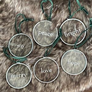 Magnolia 6pc glass/hammered pewter ornaments set with green velvet ribbon